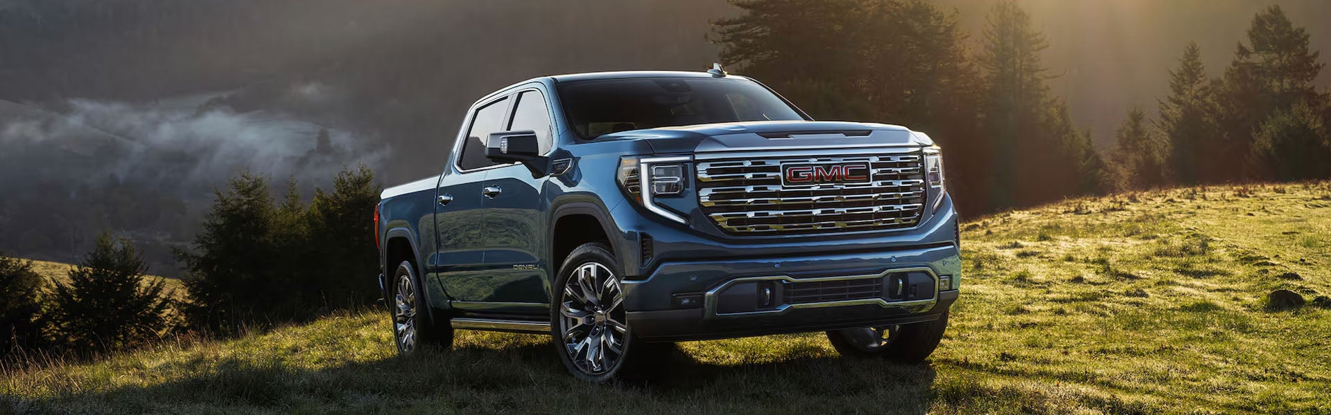 A blue GMC Sierra pickup truck parked on a dewy grassy hill with a forest behind it under a cloudy sky.